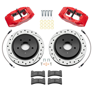 Wilwood DPC56 Rear Replacement Caliper and Rotor Kit Parts Laid Out - Red Powder Coat Caliper - SRP Dimpled & Slotted Rotor