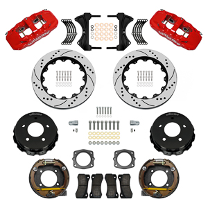 Wilwood AERO4 Big Brake Rear Parking Brake Kit Parts Laid Out - Red Powder Coat Caliper - SRP Drilled & Slotted Rotor