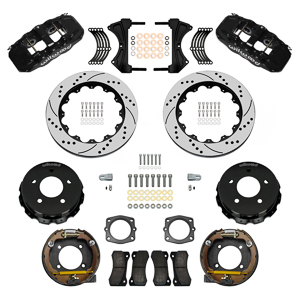 Wilwood AERO4 Big Brake Rear Parking Brake Kit Parts Laid Out - Black Powder Coat Caliper - SRP Drilled & Slotted Rotor