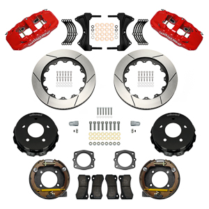 Wilwood AERO4 Big Brake Rear Parking Brake Kit Parts Laid Out - Red Powder Coat Caliper - GT Slotted Rotor