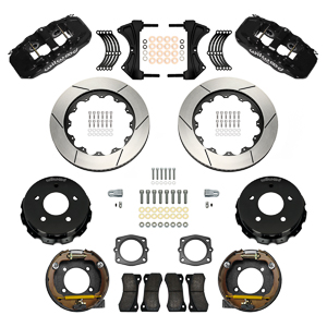 Wilwood AERO4 Big Brake Rear Parking Brake Kit Parts Laid Out - Black Powder Coat Caliper - GT Slotted Rotor