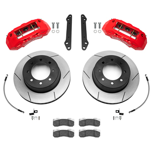 Wilwood TX6-DM Big Brake Truck Rear Brake Kit Parts Laid Out - Red Powder Coat Caliper - GT Slotted Rotor