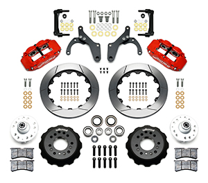 Wilwood Forged Narrow Superlite 6R Big Brake Front Brake Kit (Hub) Parts Laid Out - Red Powder Coat Caliper - GT Slotted Rotor