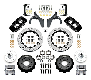 Wilwood AERO6 Big Brake Front Brake Kit Parts Laid Out - Black Powder Coat Caliper - SRP Drilled & Slotted Rotor