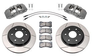 Wilwood AERO6-DM Direct-Mount Armored Vehicle Front Brake Kit Parts Laid Out - Type III Anodize Caliper - GT Slotted Rotor