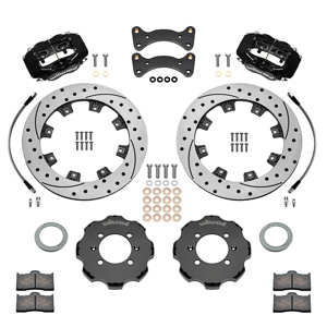 Wilwood Forged Dynalite Big Brake Front Brake Kit (Hat) Parts Laid Out - Black Powder Coat Caliper - SRP Drilled & Slotted Rotor