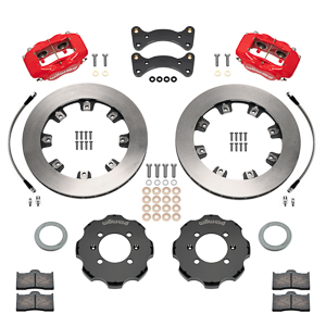 Wilwood Forged Dynalite Big Brake Front Brake Kit (Hat) Parts Laid Out - Red Powder Coat Caliper - Plain Face Rotor