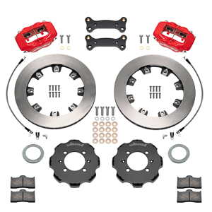 Wilwood Forged Dynalite Big Brake Front Brake Kit (Hat) Parts Laid Out - Red Powder Coat Caliper - Plain Face Rotor