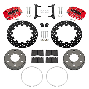 Wilwood NDPR Front UTV Brake Kit Parts Laid Out - Red Powder Coat Caliper - Drilled Rotor
