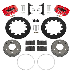 Wilwood NDPR Front UTV Brake Kit Parts Laid Out - Red Powder Coat Caliper - Plain Face Rotor