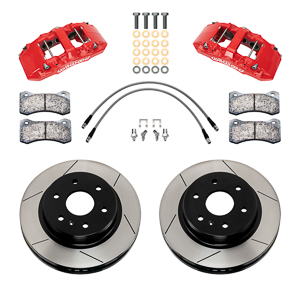 Wilwood AERO6-DM Direct-Mount Truck Front Brake Kit Parts Laid Out - Red Powder Coat Caliper - GT Slotted Rotor
