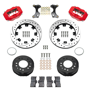 Wilwood Forged Dynalite Big Brake Front Brake Kit (Hat) Parts Laid Out - Red Powder Coat Caliper - SRP Drilled & Slotted Rotor