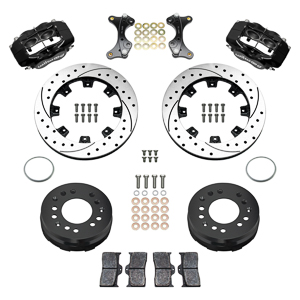 Wilwood Forged Dynalite Big Brake Front Brake Kit (Hat) Parts Laid Out - Black Powder Coat Caliper - SRP Drilled & Slotted Rotor