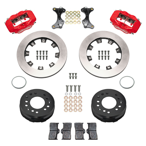 Wilwood Forged Dynalite Big Brake Front Brake Kit (Hat) Parts Laid Out - Red Powder Coat Caliper - Plain Face Rotor