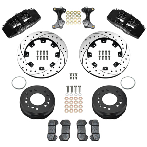 Wilwood Forged Dynapro 6 Big Brake Front Brake Kit (Hat) Parts Laid Out - Black Powder Coat Caliper - SRP Drilled & Slotted Rotor