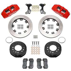 Wilwood Forged Dynapro 6 Big Brake Front Brake Kit (Hat) Parts Laid Out - Red Powder Coat Caliper - Plain Face Rotor