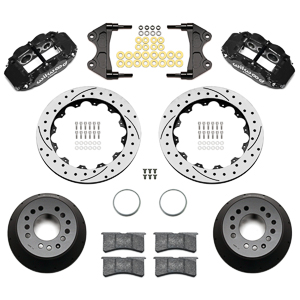 Wilwood Forged Narrow Superlite 6R Big Brake Front Brake Kit (Hat) Parts Laid Out - Black Powder Coat Caliper - SRP Drilled & Slotted Rotor