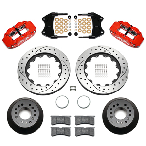 Wilwood Forged Narrow Superlite 6R Big Brake Front Brake Kit (Hat) Parts Laid Out - Red Powder Coat Caliper - SRP Drilled & Slotted Rotor