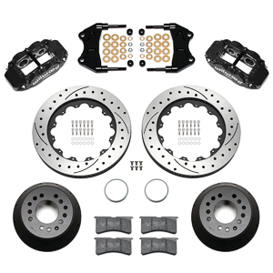 Wilwood Forged Narrow Superlite 6R Big Brake Front Brake Kit (Hat) Parts Laid Out - Black Powder Coat Caliper - SRP Drilled & Slotted Rotor