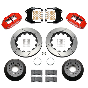 Wilwood Forged Narrow Superlite 6R Big Brake Front Brake Kit (Hat) Parts Laid Out - Red Powder Coat Caliper - GT Slotted Rotor