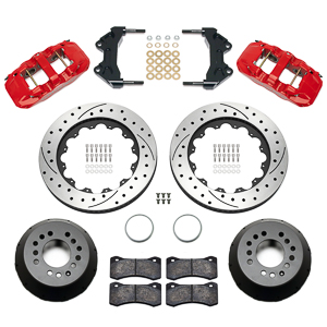 Wilwood AERO6 Big Brake Front Brake Kit Parts Laid Out - Red Powder Coat Caliper - SRP Drilled & Slotted Rotor