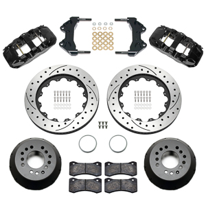 Wilwood AERO6 Big Brake Front Brake Kit Parts Laid Out - Black Powder Coat Caliper - SRP Drilled & Slotted Rotor