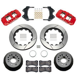 Wilwood AERO6 Big Brake Front Brake Kit Parts Laid Out - Red Powder Coat Caliper - GT Slotted Rotor