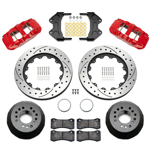 Wilwood AERO6 Big Brake Front Brake Kit Parts Laid Out - Red Powder Coat Caliper - SRP Drilled & Slotted Rotor