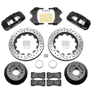 Wilwood AERO6 Big Brake Front Brake Kit Parts Laid Out - Black Powder Coat Caliper - SRP Drilled & Slotted Rotor