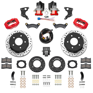 Wilwood Forged Dynalite Rear Electronic Parking Brake Kit Parts Laid Out - Red Powder Coat Caliper - SRP Drilled & Slotted Rotor