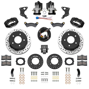 Wilwood Forged Dynalite Rear Electronic Parking Brake Kit Parts Laid Out - Black Powder Coat Caliper - SRP Drilled & Slotted Rotor