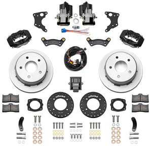 Wilwood Forged Dynalite Rear Electronic Parking Brake Kit Parts Laid Out - Black Powder Coat Caliper - Plain Face Rotor