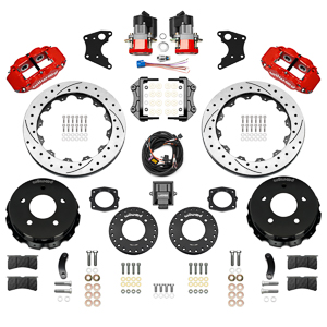 Wilwood Forged Narrow Superlite 4R Big Brake Rear Electronic Parking Brake Kit Parts Laid Out - Red Powder Coat Caliper - SRP Drilled & Slotted Rotor