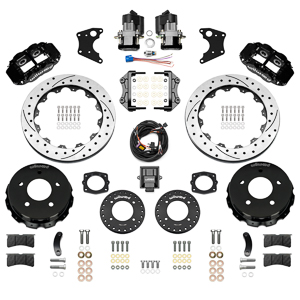 Wilwood Forged Narrow Superlite 4R Big Brake Rear Electronic Parking Brake Kit Parts Laid Out - Black Powder Coat Caliper - SRP Drilled & Slotted Rotor
