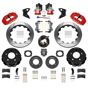 Wilwood Forged Narrow Superlite 4R Big Brake Rear Electronic Parking Brake Kit Parts Laid Out - Red Powder Coat Caliper - GT Slotted Rotor