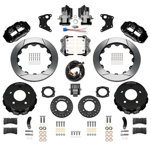Wilwood Forged Narrow Superlite 4R Big Brake Rear Electronic Parking Brake Kit Parts Laid Out - Black Powder Coat Caliper - GT Slotted Rotor