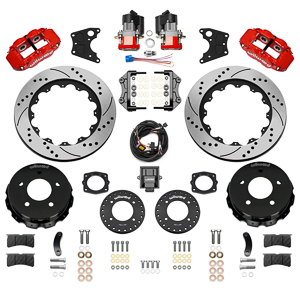 Wilwood Forged Narrow Superlite 4R Big Brake Rear Electronic Parking Brake Kit Parts Laid Out - Red Powder Coat Caliper - SRP Drilled & Slotted Rotor