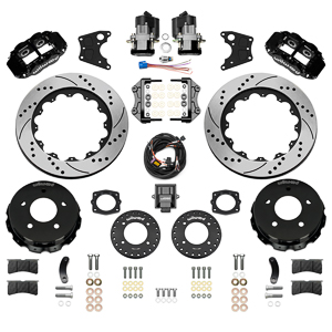 Wilwood Forged Narrow Superlite 4R Big Brake Rear Electronic Parking Brake Kit Parts Laid Out - Black Powder Coat Caliper - SRP Drilled & Slotted Rotor