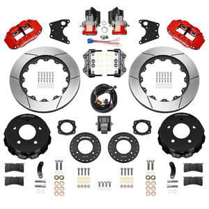 Wilwood Forged Narrow Superlite 4R Big Brake Rear Electronic Parking Brake Kit Parts Laid Out - Red Powder Coat Caliper - GT Slotted Rotor
