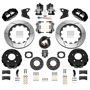 Wilwood Forged Narrow Superlite 4R Big Brake Rear Electronic Parking Brake Kit Parts Laid Out - Black Powder Coat Caliper - GT Slotted Rotor
