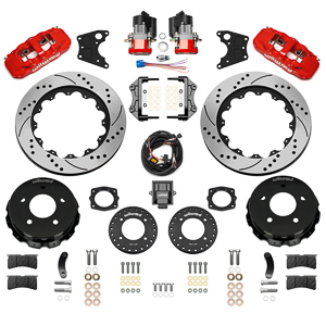 Wilwood AERO4 Big Brake Rear Electronic Parking Brake Kit Parts Laid Out - Red Powder Coat Caliper - SRP Drilled & Slotted Rotor