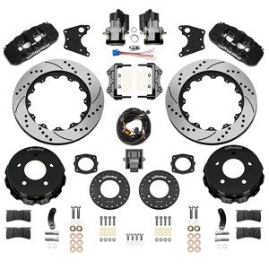 Wilwood AERO4 Big Brake Rear Electronic Parking Brake Kit Parts Laid Out - Black Powder Coat Caliper - SRP Drilled & Slotted Rotor