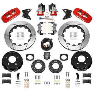 Wilwood AERO4 Big Brake Rear Electronic Parking Brake Kit Parts Laid Out - Red Powder Coat Caliper - GT Slotted Rotor