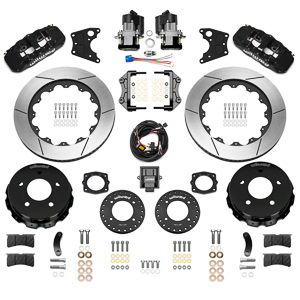 Wilwood AERO4 Big Brake Rear Electronic Parking Brake Kit Parts Laid Out - Black Powder Coat Caliper - GT Slotted Rotor