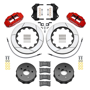Wilwood Forged Narrow Superlite 4R Big Brake Rear Brake Kit For OE Parking Brake Parts Laid Out - Red Powder Coat Caliper