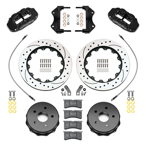 Wilwood Forged Narrow Superlite 4R Big Brake Rear Brake Kit For OE Parking Brake Parts Laid Out - Black Powder Coat Caliper - SRP Drilled & Slotted Rotor