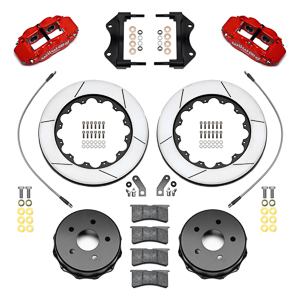 Wilwood Forged Narrow Superlite 4R Big Brake Rear Brake Kit For OE Parking Brake Parts Laid Out - Red Powder Coat Caliper - GT Slotted Rotor