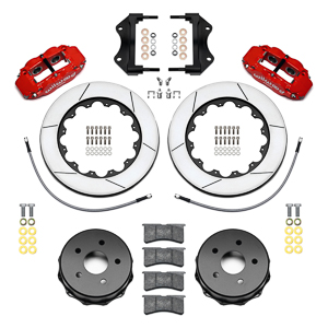 Wilwood Forged Narrow Superlite 4R Big Brake Rear Brake Kit For OE Parking Brake Parts Laid Out - Red Powder Coat Caliper