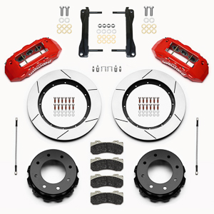 Wilwood TX6R Big Brake Truck Rear Brake Kit Parts Laid Out - Red Powder Coat Caliper - GT Slotted Rotor