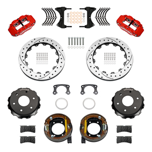 Wilwood Forged Narrow Superlite 4R Big Brake Rear Parking Brake Kit Parts Laid Out - Red Powder Coat Caliper - SRP Drilled & Slotted Rotor